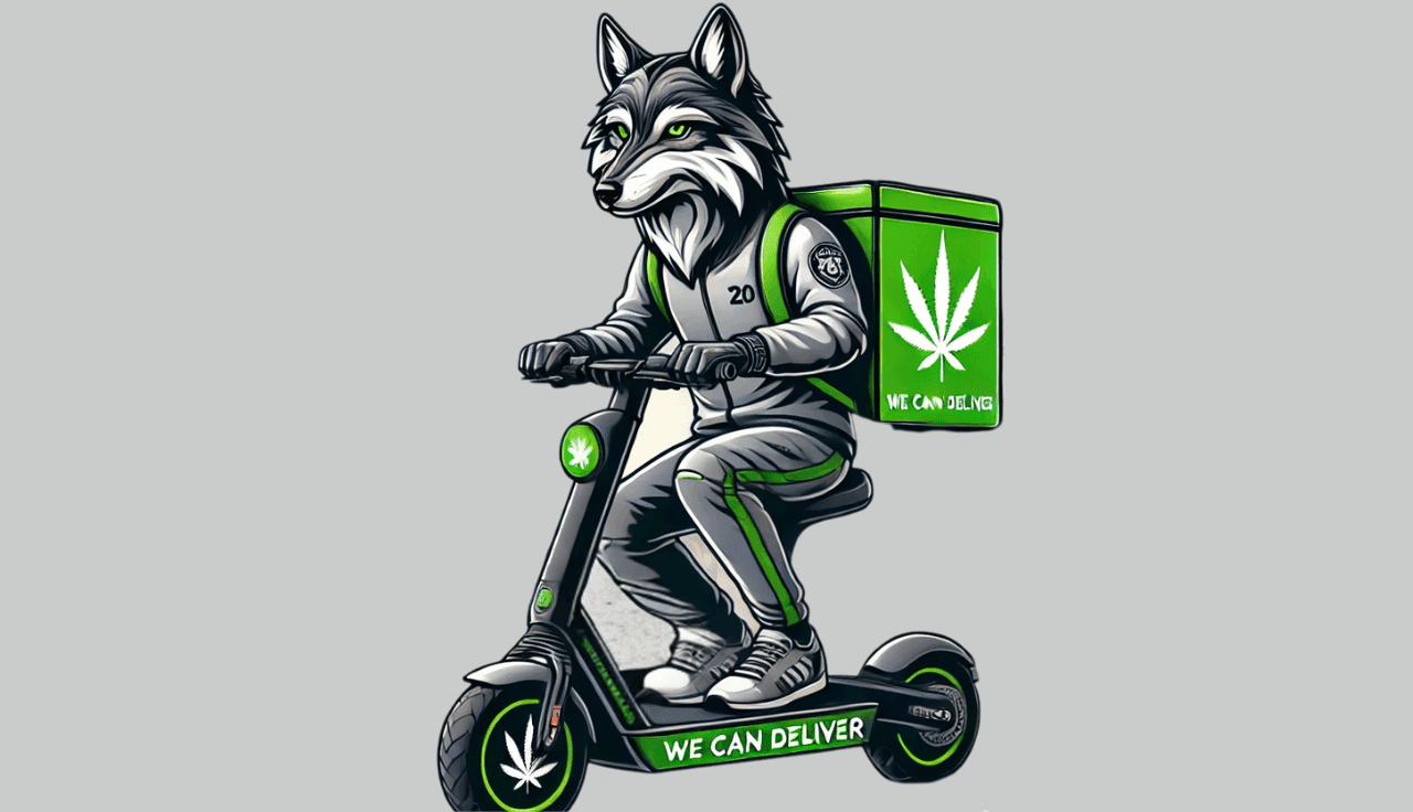 Grauer Fucks auf E-Roller mit Cannabis Lieferung